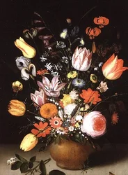 Stillleben mit Frühlingsblumen auf einem Sims, 1615